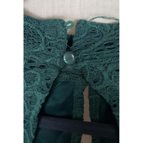 Daytrip Blouse M Teal Green Smocked Lace Mock Neck Keyhole Dainty Feminine Fall - Picture 9 of 9